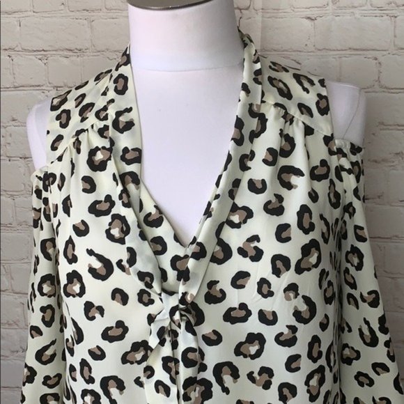 Monteau Leopard Print Cold Shoulder Blouse with Draped Bow Neckline – Size Small - Picture 5 of 7